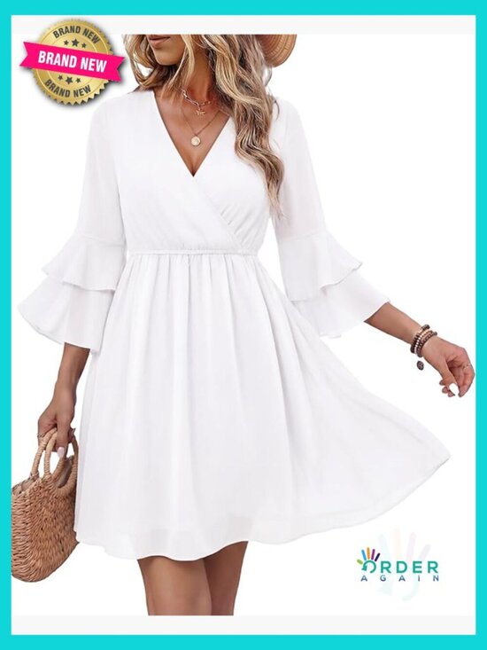 Dresses & Skirts - 3/4 Ruffle Sleeve Flowy Chiffon A-Line Dress V-Neck Wrap Midi Dress